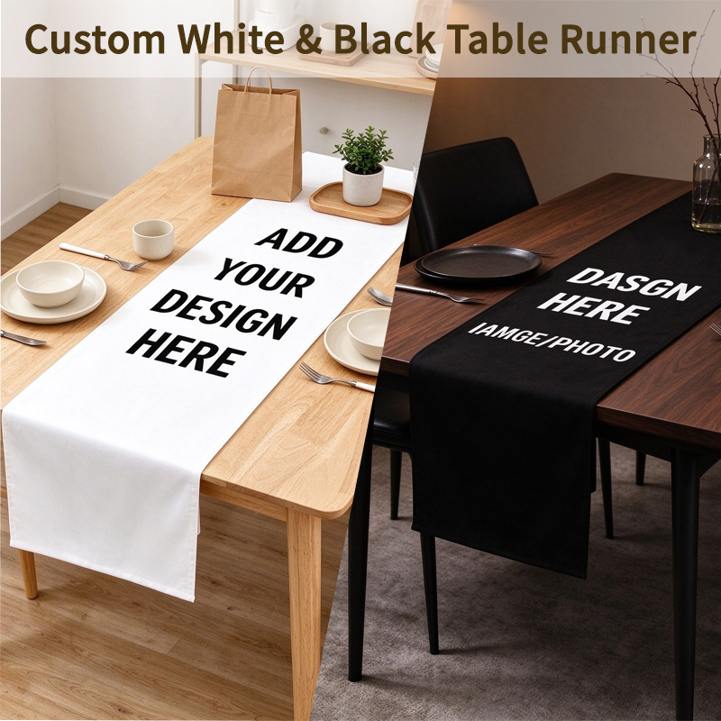 Table Runner - オーダーメイドのテーブルランナー1枚。黒または白。幅30cm。名前入りで、お祝いのパーティーやホリデーシーズンに最適なテーブル装飾。
