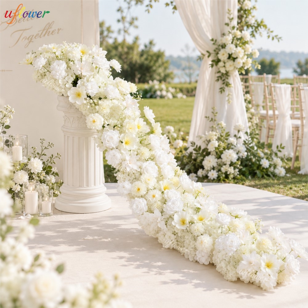 Table Runner - Uflower ホワイトローズとアジサイの人工花ガーランド。テーブル装飾、ソファランナー、ウェディングアーチの装飾に最適な花のアレンジメント。