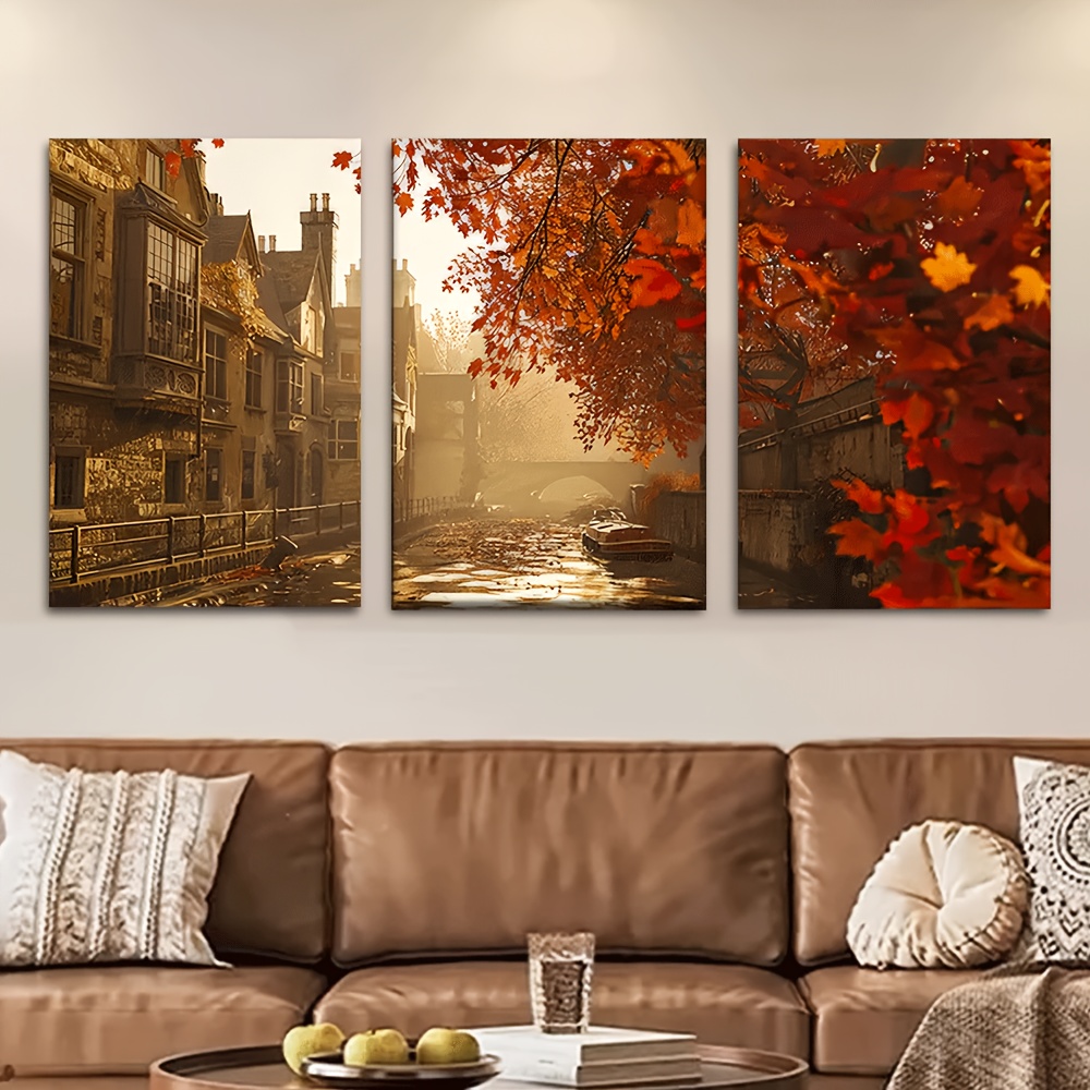 Abstract Canvas Set - （フレームなし3枚セット）-3枚入り、キャンバス絵画、フレームなし、30x20インチ、秋の水辺の村と紅葉、壁飾り、寝室用。