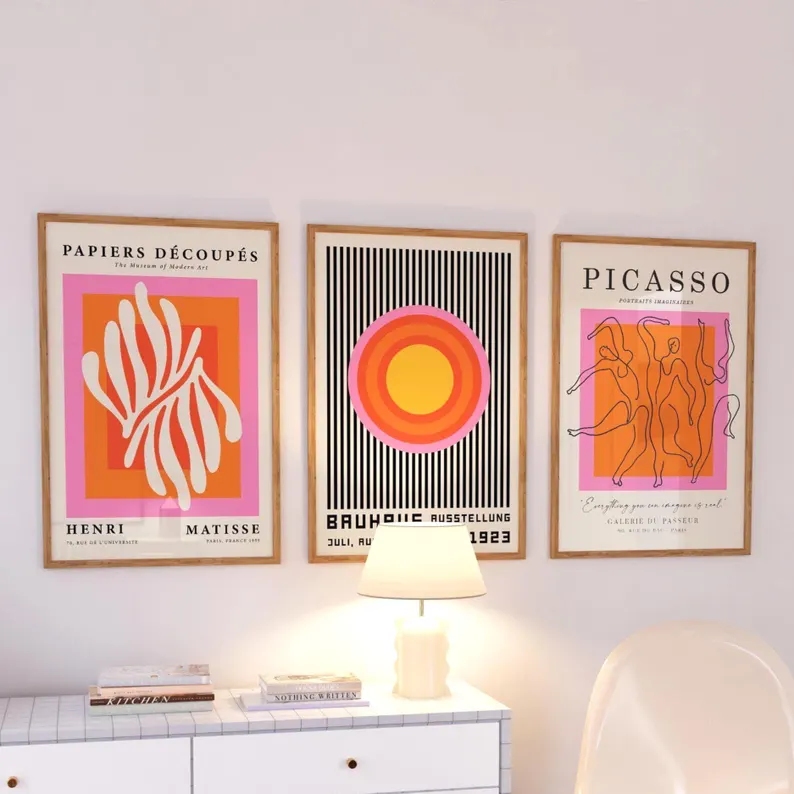 Interior Design Living Room - 3 個モダンオレンジバウハウスとピカソの壁アートプリントキャンバス絵画ポスター画像リビングルーム、寝室の家の装飾用
