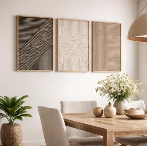 Abstract Canvas Set - ベージュブラックのミニマリスト三連画ウォールアート3枚セット、ニュートラルな抽象幾何学模様プリント、ボヘミアンジャパンディモダンウォールデコレーションキャンバスポスター