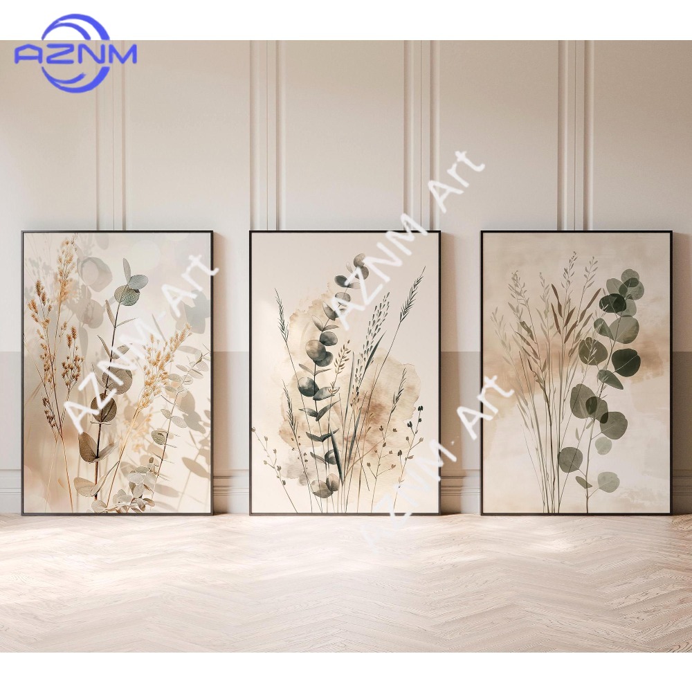 Abstract Canvas Set - 1/3 個、植物性ウォールアート 3 フレームアートワークセット ニュートラルミニマリストプリント スカンジナビアの寝室装飾
