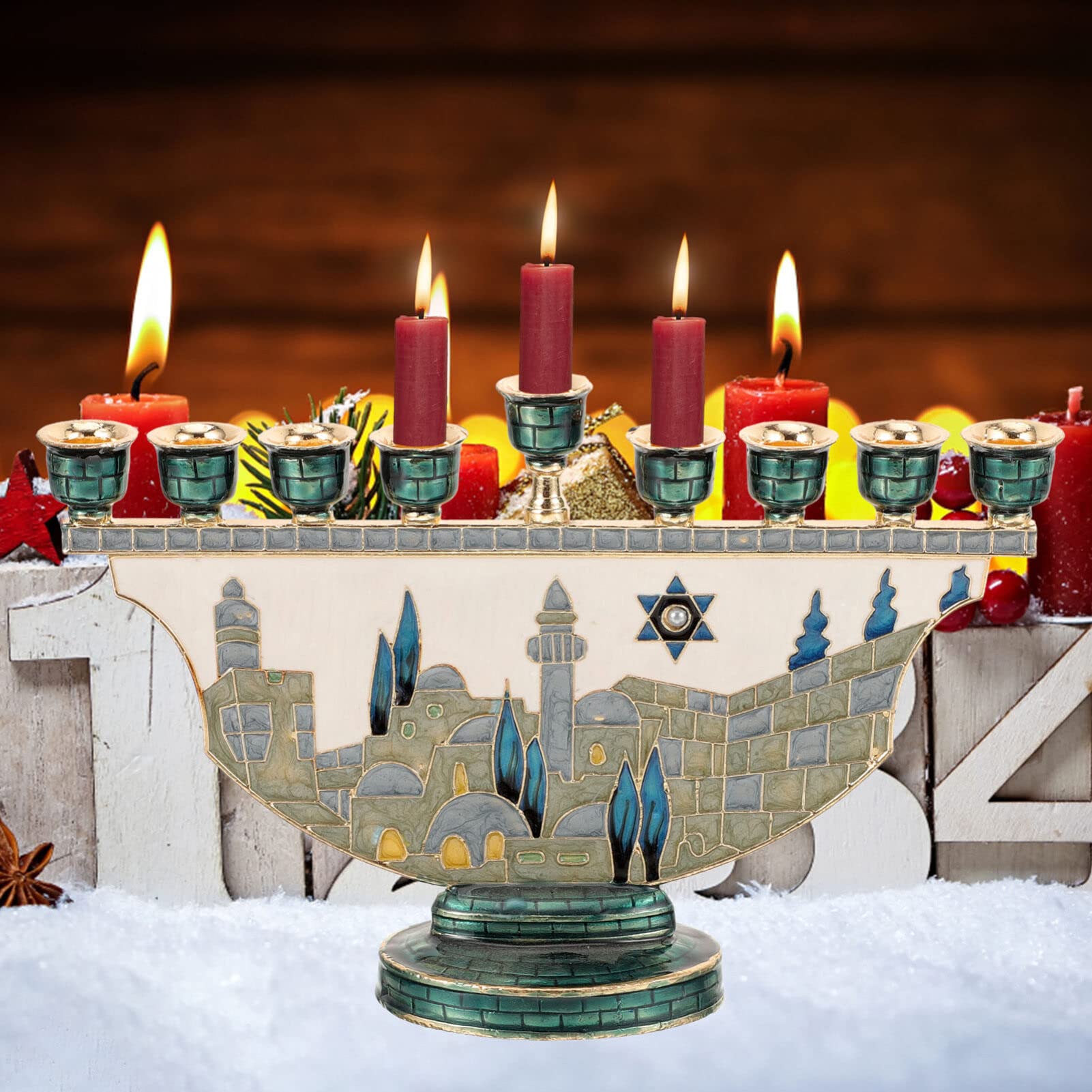 Candle Holder Decor - エルサレム・メノラ・ハヌカ・キャンドルホルダー 9枝 エナメル製ユダヤ教のカナカ・燭台 ダビデの星 家庭用宗教ギフト装飾品