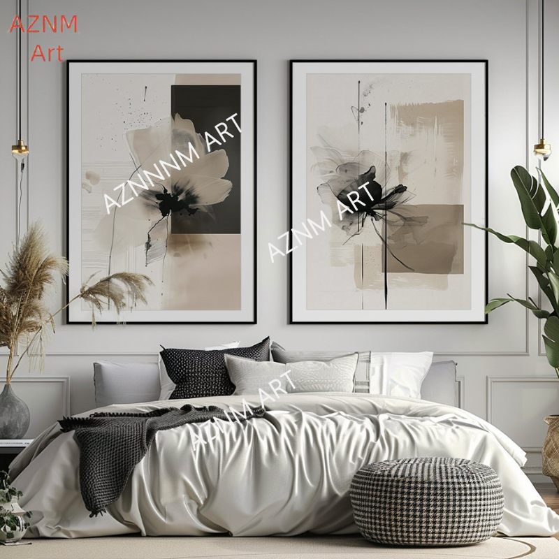 Abstract Canvas Set - 1/2 個のミニマリストフラワーアートプリントセット: ベージュとブラックの植物ギャラリーウォールアートプリントウォールアート
