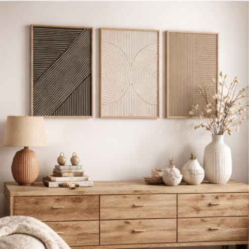 ベージュブラックのミニマリスト三連画ウォールアート3枚セット - Abstract Canvas Set のレビューと価格