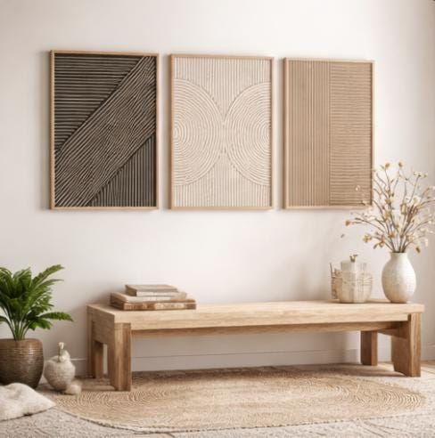 ベージュブラックのミニマリスト三連画ウォールアート3枚セット - Abstract Canvas Set のレビューと価格