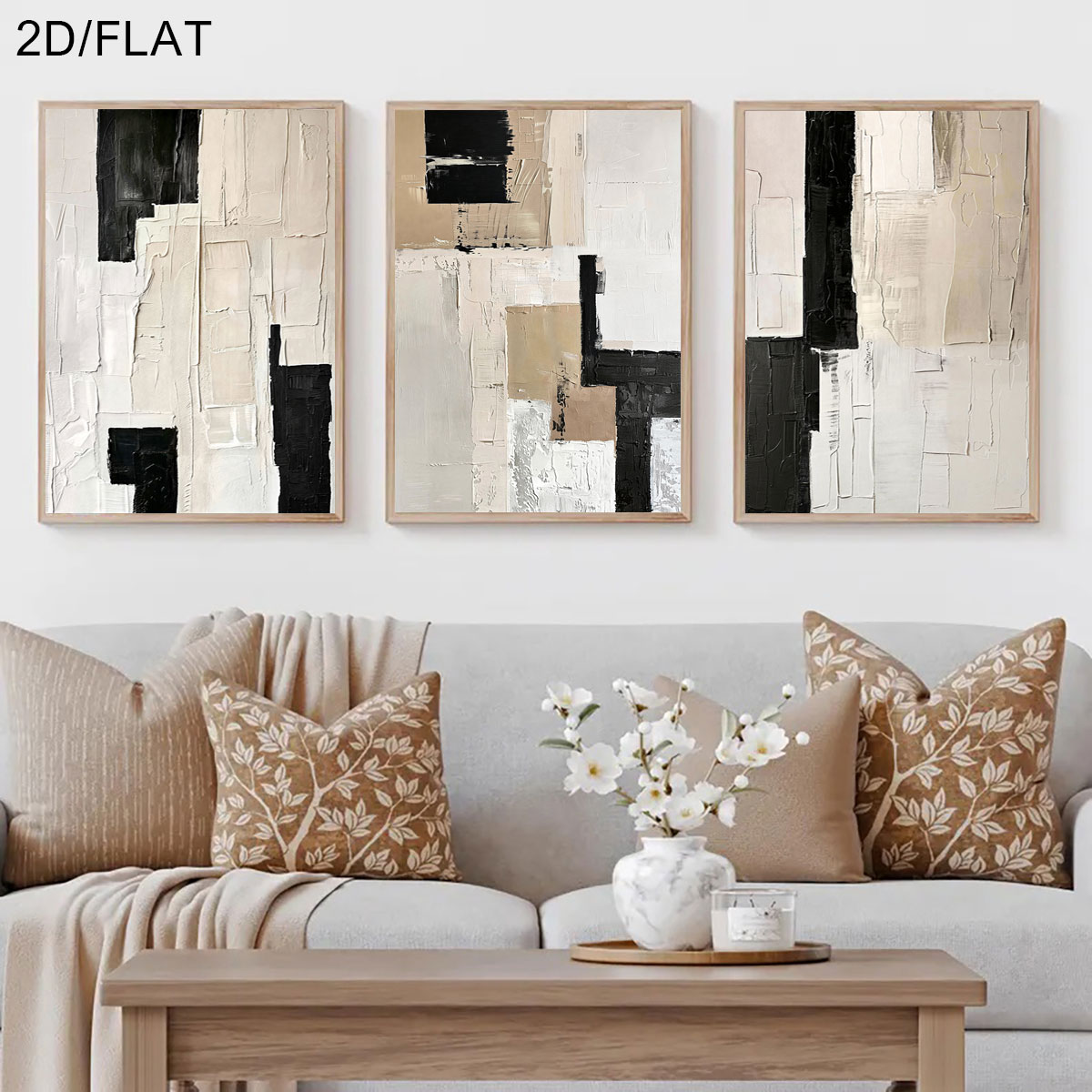 3枚セット フレームレス、モダンな抽象的なベージュと黒のキャ - Abstract Canvas Set のレビューと価格