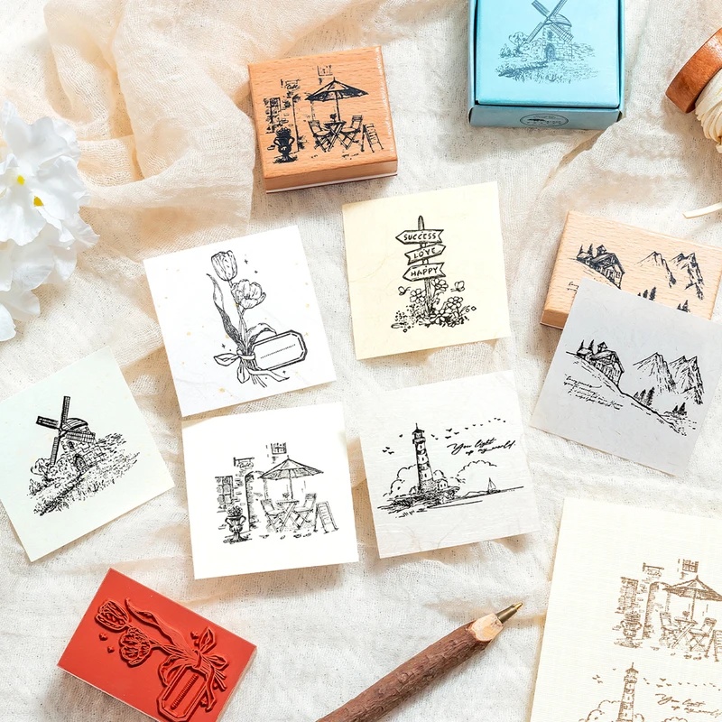 ヴィンテージ風の木製ゴム印。レトロな風景、灯台、花柄のデザイ - Wall Sticker のレビューと価格