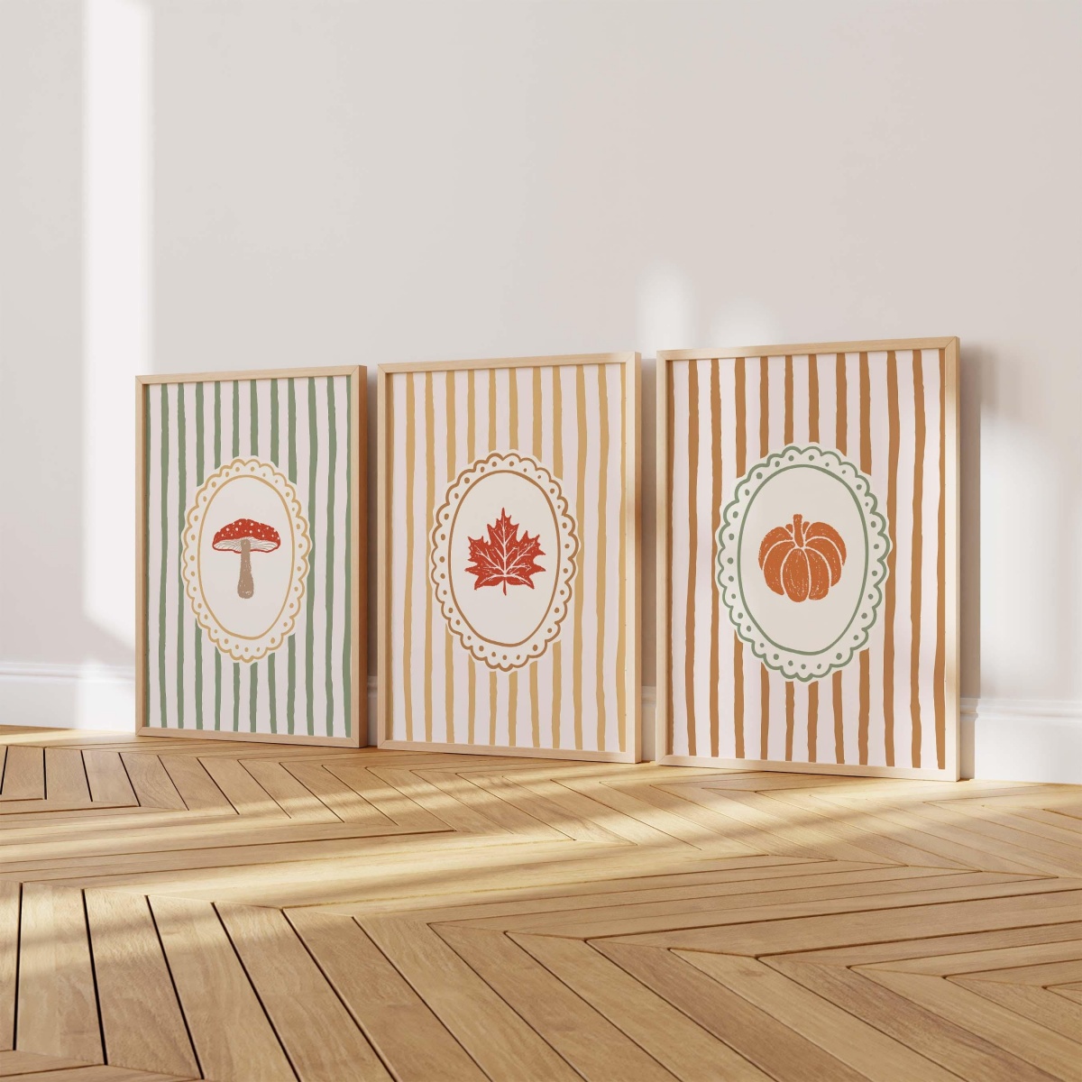 3枚セット 秋のストライプ柄キノコ・カボチャ・カエデの葉のキ - Abstract Canvas Set のレビューと価格