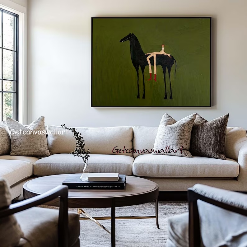 現代抽象西洋馬と人物ウォールアートプリントキャンバス絵画ポス - Interior Design Living Room のレビューと価格