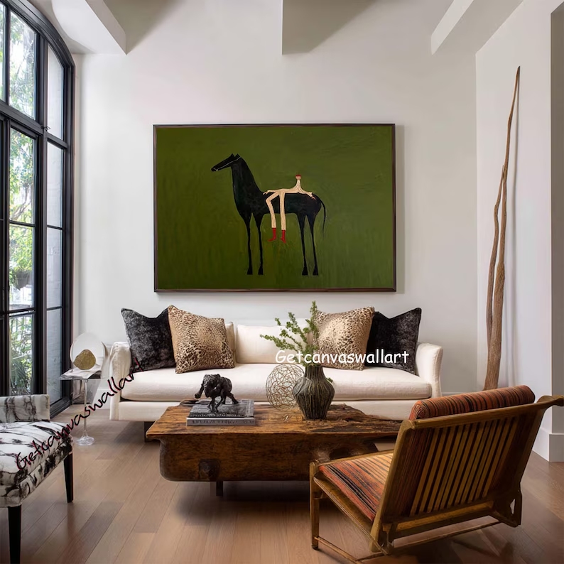 現代抽象西洋馬と人物ウォールアートプリントキャンバス絵画ポス - Interior Design Living Room のレビューと価格