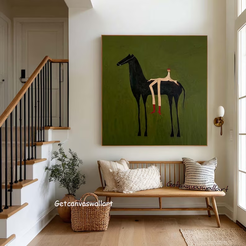 現代抽象西洋馬と人物ウォールアートプリントキャンバス絵画ポス - Interior Design Living Room のレビューと価格